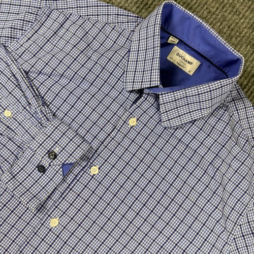 Duchamp London Mens Tailored Fit Gingham Button Down Shirt Blue White 17/XL