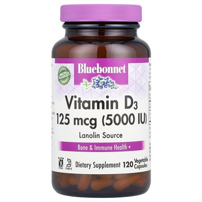 Bluebonnet Nutrition Vitamin D3 5000 IU 120 Veggie Caps Egg-Free, Fish Free,
