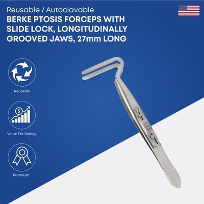 Berke Ptosis Forceps 27 mm with Slide Lock  Longitudinal Grooved Jaws German