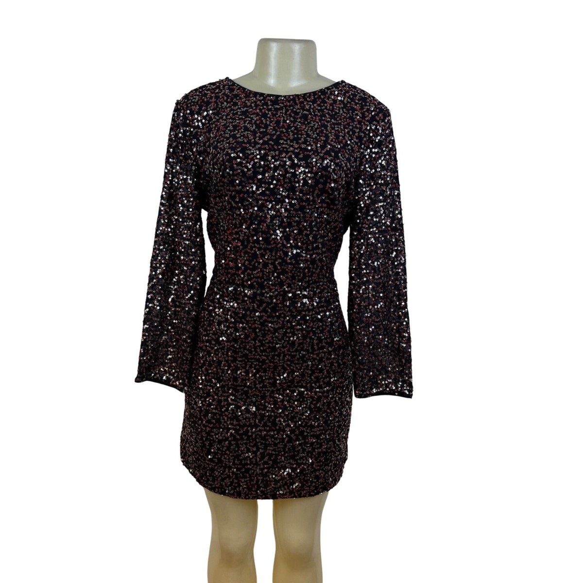 H&M Women's Black Sequin Mini Dress V-Neck Sparkle Shine Size 14 - New