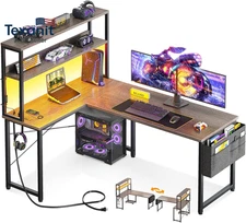 53 Inch L Shaped Desk with LED Lighting, Reversible Gaming Desk with Power Outle