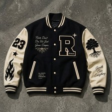 Embroidered Black Varsity Letterman Jacket Wool & Leather Sleeve Baseball Bomber