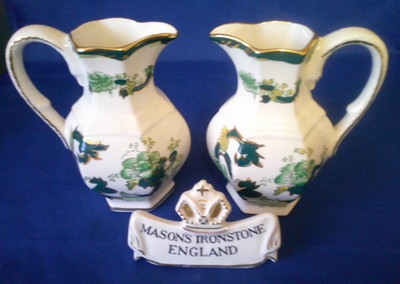 Mason s Ironstone grün Chartreuse Muster Paar sechseckige Krüge handbemalt