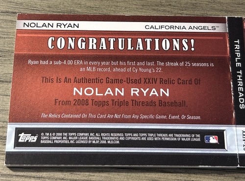 2008 Topps Triple Threads XXIV-14 Nolan Ryan Booklet #d 04/18 Game Used Relic - Picture 4 of 9