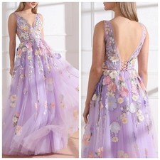 Purple Chiffon V-neck Prom Ball Dress 3D Floral Layered Pleated Evening Gown