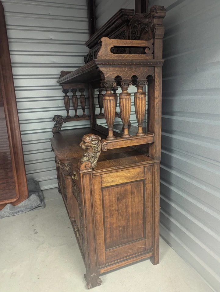 Early 1900s Victorian Carved Lion Heads Tiger Oak Server Buffet with Mirror 5955 - Image 2 of 4