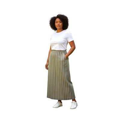 Express Design Studio Editor Maxi Skirt Womens SZ 12 Olive Pink Pinstripe Career