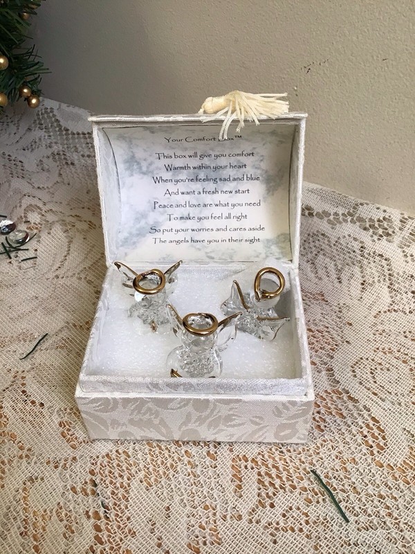 Angel Comfort Worry Box Decor Container W 3 Clear & Gold Glass Angel Figurines