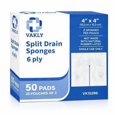 Vakly Split Drain Sponge Gauze 4x4 Sterile 6-Ply   50 Count (25 Packs of 2) P...