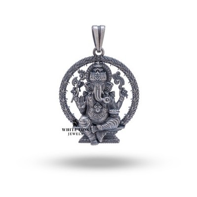 White Lion Jewels Ganesha Atharva Hindugott 925 Silber Anhänger Rund oxidiert