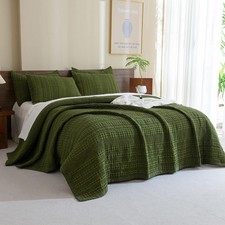 Sanracie Cotton Waffle Weave Quilt Set King Size110X98-Olive Green Quilted