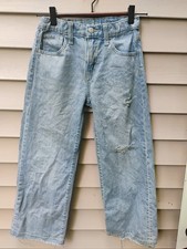 Old Navy Girls Sz 10 High Rise Baggy Wide Leg Distressed Jeans Light Wash Button