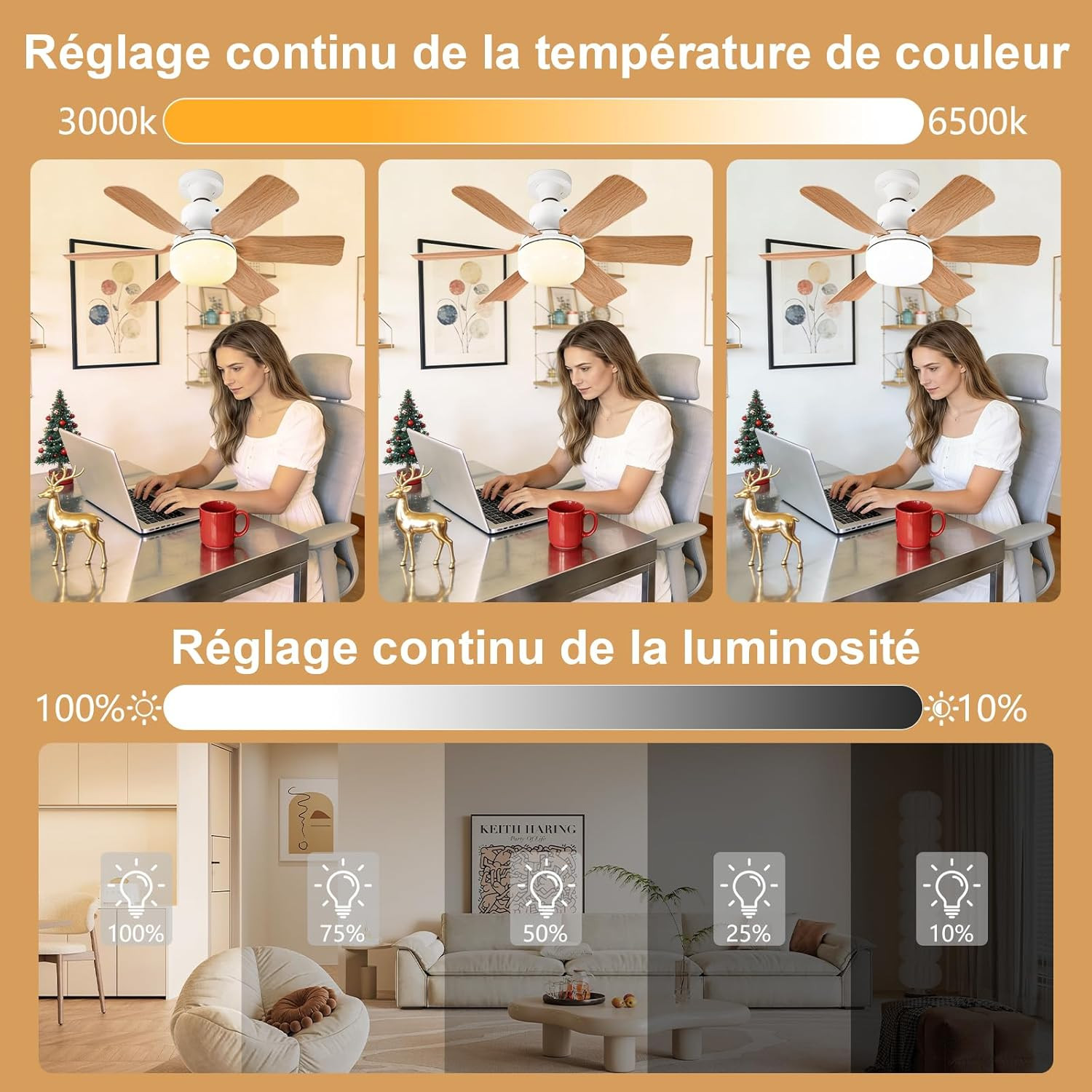 Ventilateur de plafond en bois noble avec lustre LED E27 télécommandé - 3