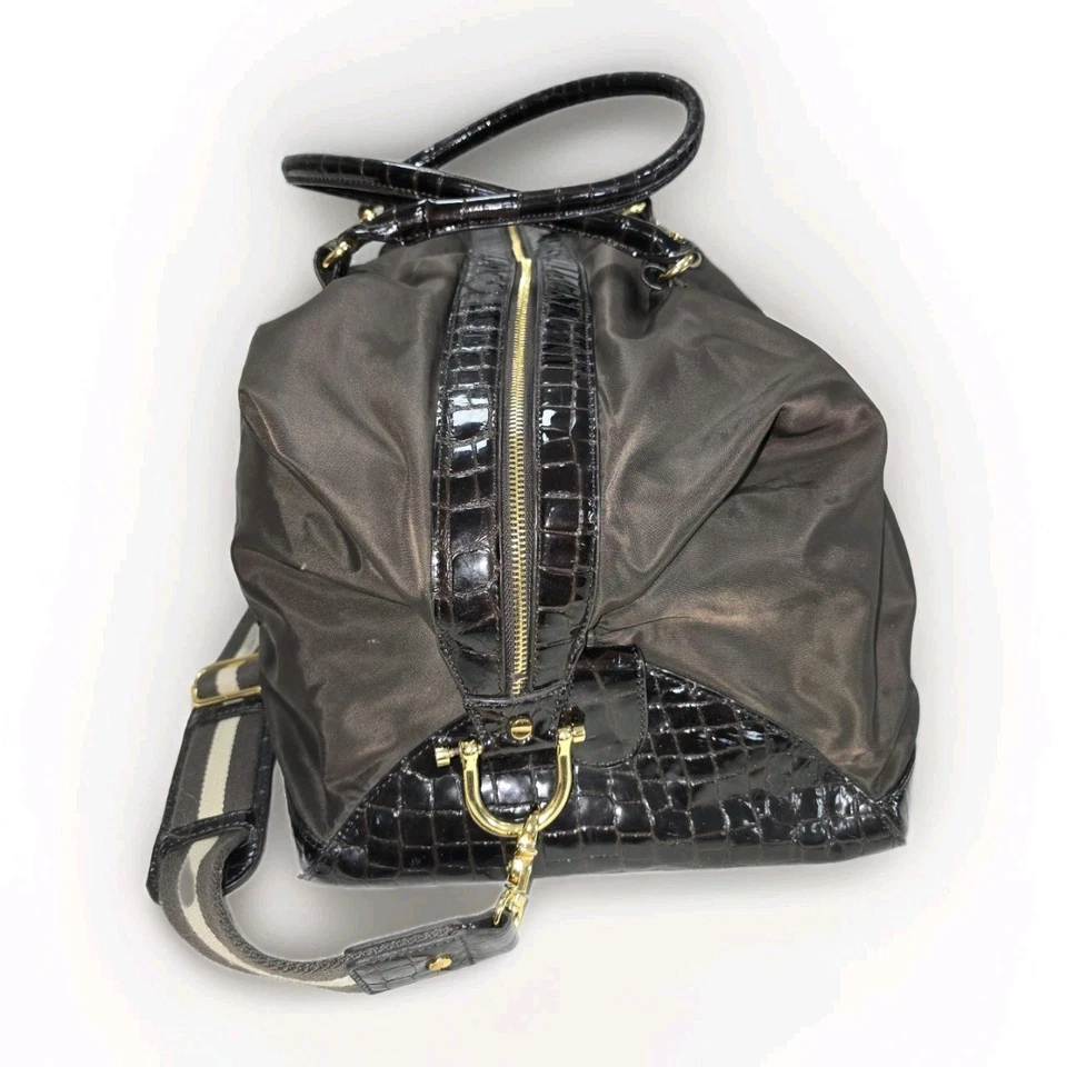 Tory Burch Nylon Croc Weekender Duffel Travel Bag Brown Gold Logo OS - Image 4 of 4