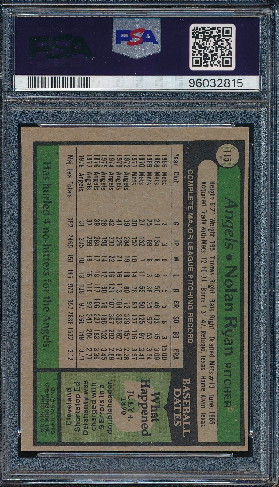 1979 Topps Nolan Ryan #115 PSA 7 NM Condition - HOF Angels view 2