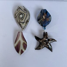 Lot of 4 Murano Style Blown Glass Pendants Leaf & Starfish Foil Art Jewelry