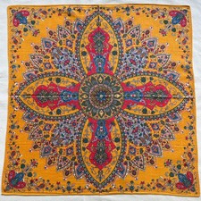 Vintage Bandana Paisley  Geometric Red Floral Handkerchief Yellow Cotton 20"