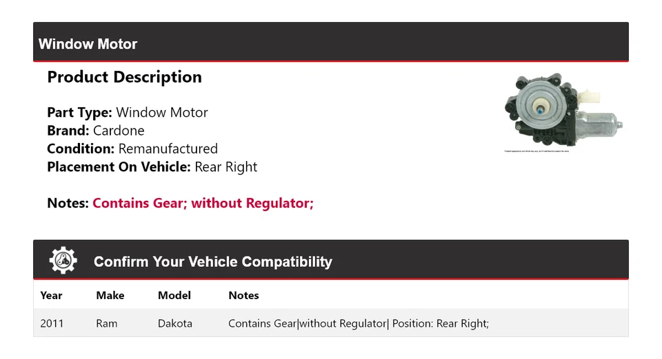 For 2011 Ram Dakota Window Motor Rear Right Cardone - Image 2 of 4