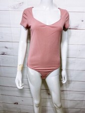 Elodie Womens Ribbed Bodysuit Size L Pink Short Sleeve