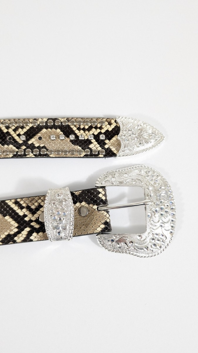 José Luis Western Haircalf Belt Studded Rhinestone Buckle Size 32 Studded Rhinestone Snake Skin Western Leather Belt Vintage  main image 2