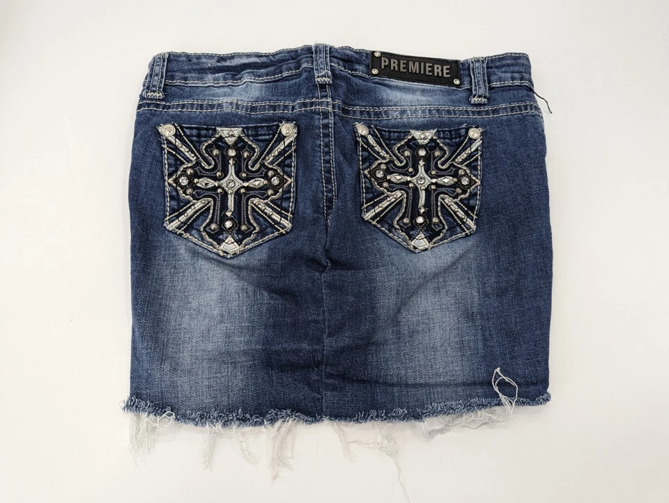 Rue21 Premiere Blue Studded & Rhinestone Distressed Denim Skirt Size 7/8R - Image 2 of 4