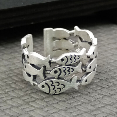 K15 Ring mit vielen kleinen Fischen Fisch Sterling Silber 925 größenverstellbar