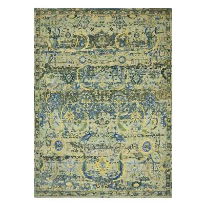 10'1''x14'1'' Green Erased Zoroastrian Inspired Hand Knotted Pure Wool Rug R75686