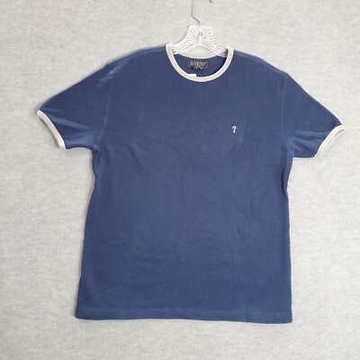 VINTAGE Guess Boys T-Shirt 2XL Blue Ringer Waffle Knit Logo Embroidered Peru 90s