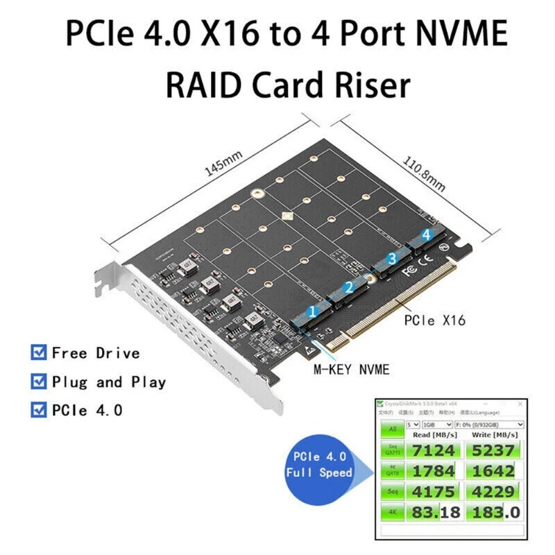 Quad NVMe PCIe Adapter 4 Port M.2 NVMe M KEY SSD to PCIe 4.0 X16 Card Speed NEW - Image 3 of 4