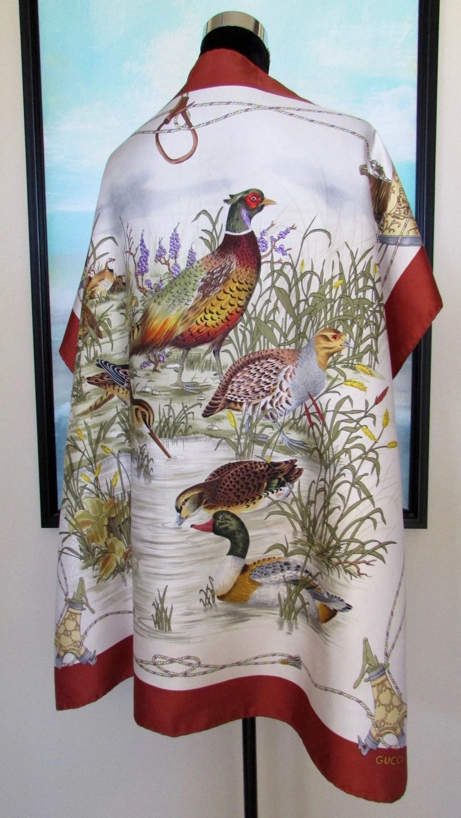 Écharpe automnale en soie vintage années 70 GUCCI Italie faisan/canard oiseaux 34