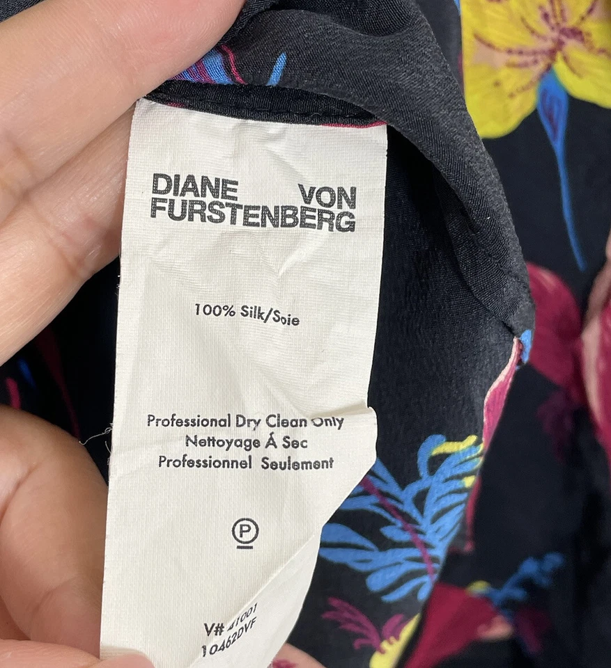 Diane Von Furstenberg Cold Shoulder Silk Blouse Ruffle Floral Black Size P - Image 4 of 4