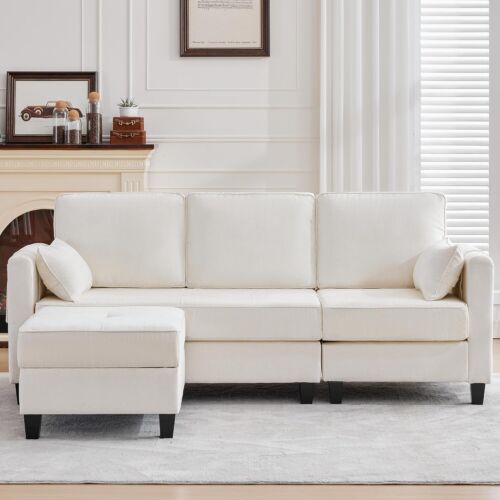 L-Shape Chenille Sectional Sofa with Storage Ottoman,USB and Type-C,Side Pockets - Picture 3 of 8