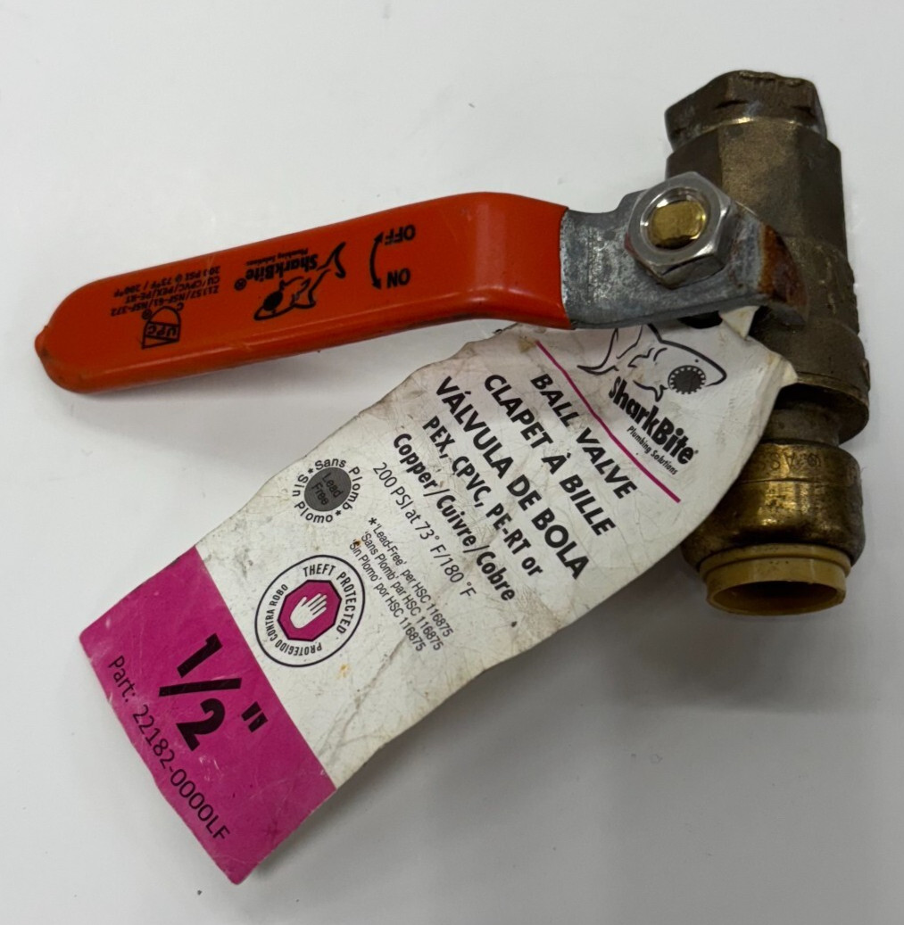 SHARKBITE BALL VALVE COPPER PN 22182-0000LF 1/2" FNPT 2PSI@73ºF/18F 200ºF PSI