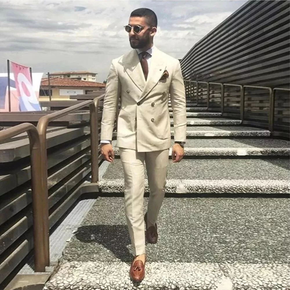 Cream Men Suits Double breasted 2Pcs Wedding Party Coat Groom
