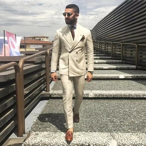 Cream Men Suits Double-breasted 2Pcs 