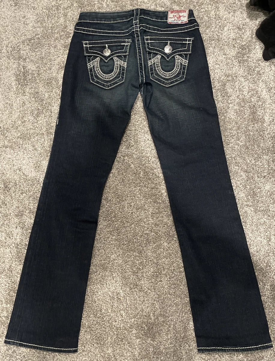 True Religion Womens Billy Big T Jeans Sz 25 Dark Blue Wash white stitch flap