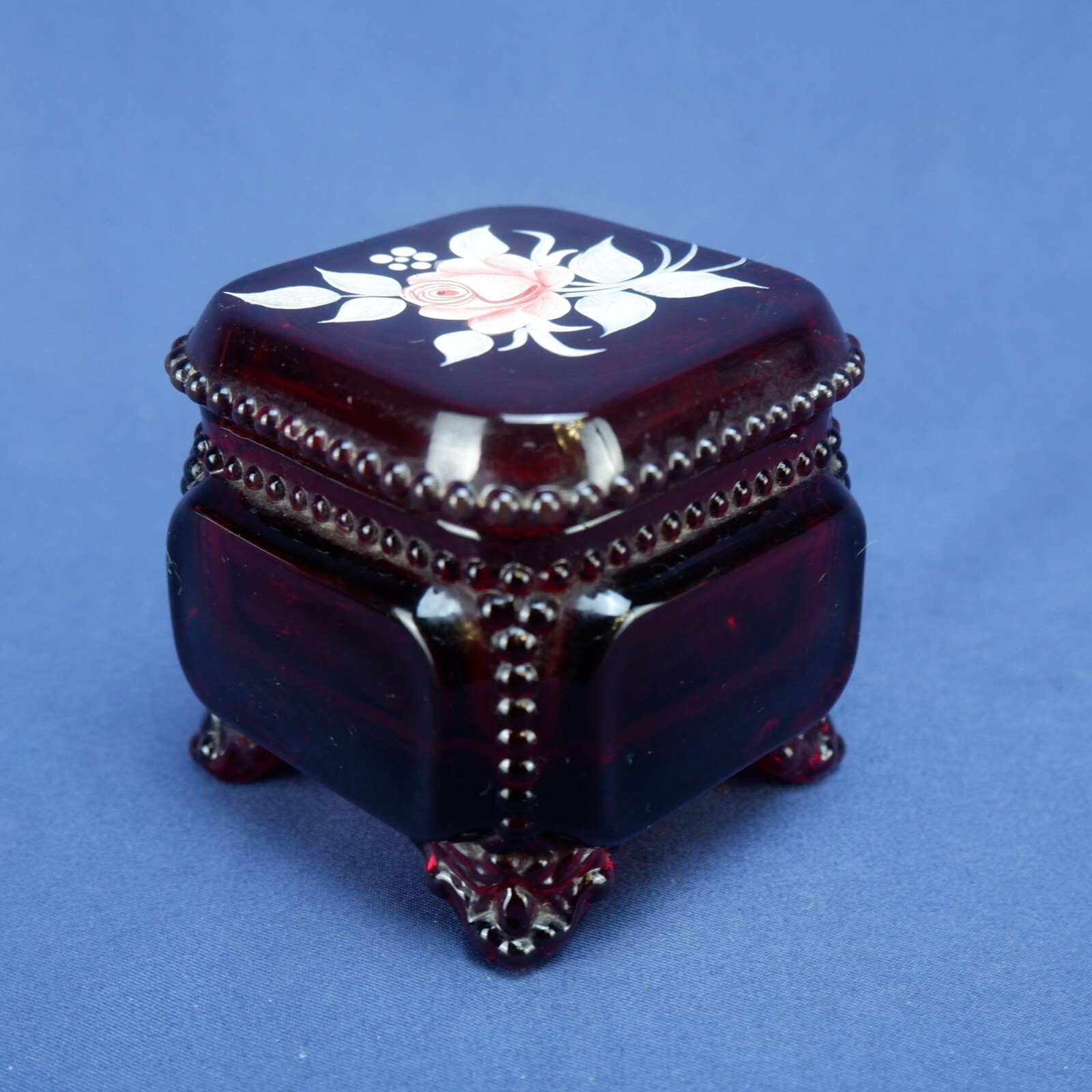 1979 Westmoreland Ruby Red Glass Trinket Dish with Hand-Painted Floral Motif - Signed