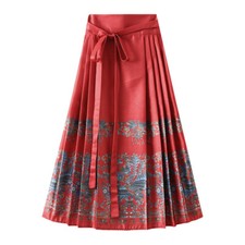 Women's Horse Face Skirt Long Swing Pleated Tie Up A-Line Skirt Chinese Hanfu