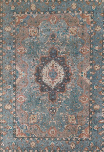 over-Dyed Blue Tebriz Floral Living Room Rug 8x11 Wool Handmade Semi-Antique Rug