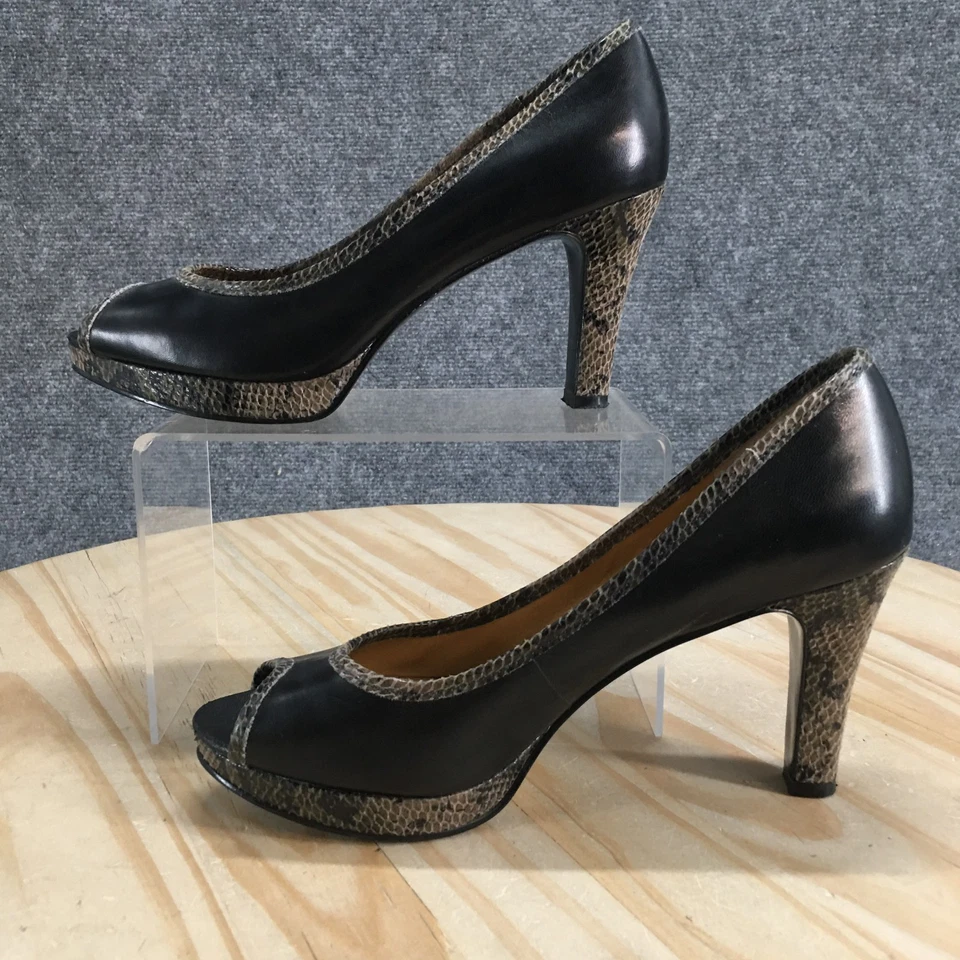 Nine West Shoes Womens 6.5M Black Chassy Slip On Peep Toe Snake Print Leather - Image 2 of 4