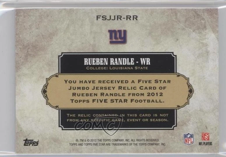 2012 Topps Five Star Jumbo Jersey Relics /89 Rueben Randle #FSJJR-RR Rookie RC - Image 2 of 2