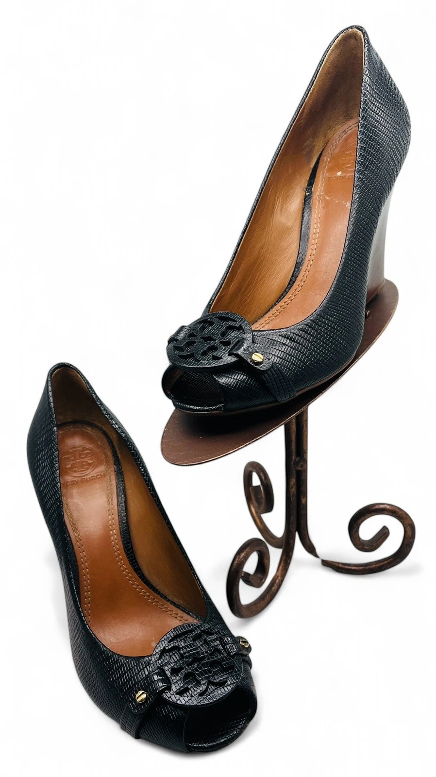 Scarpe décolleté Tory Burch Sally Peep Toe donna 7M nere pelle ciottolata tacco zeppa