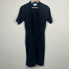 Toast Dress Womens Size 8 Black Blue Button Front Short Sleeve Midi Wool