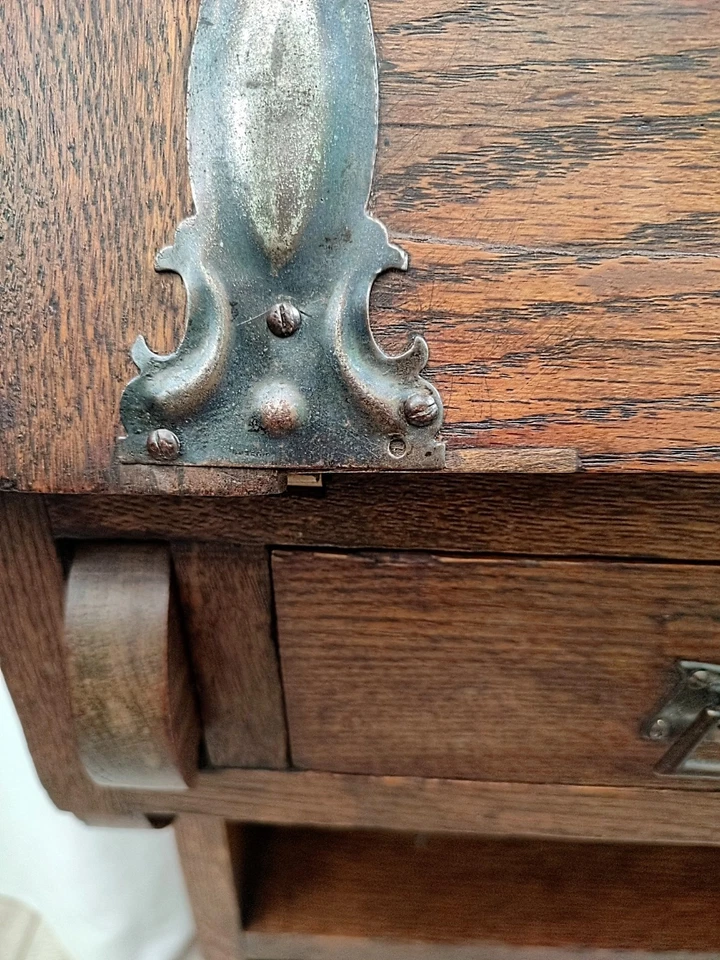 Antique Art Nouveau Arts & Crafts Ornate Small Narrow Oak Desk Bureau Bookcase - Image 3 of 4