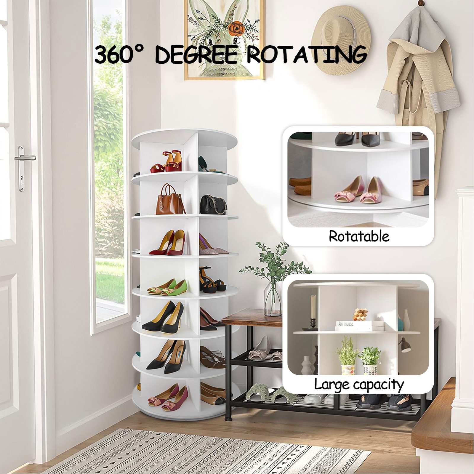 Rotating Shoe Rack Tower 7 Tier Organizer, Revolving 360 White Shoe Rack Storage