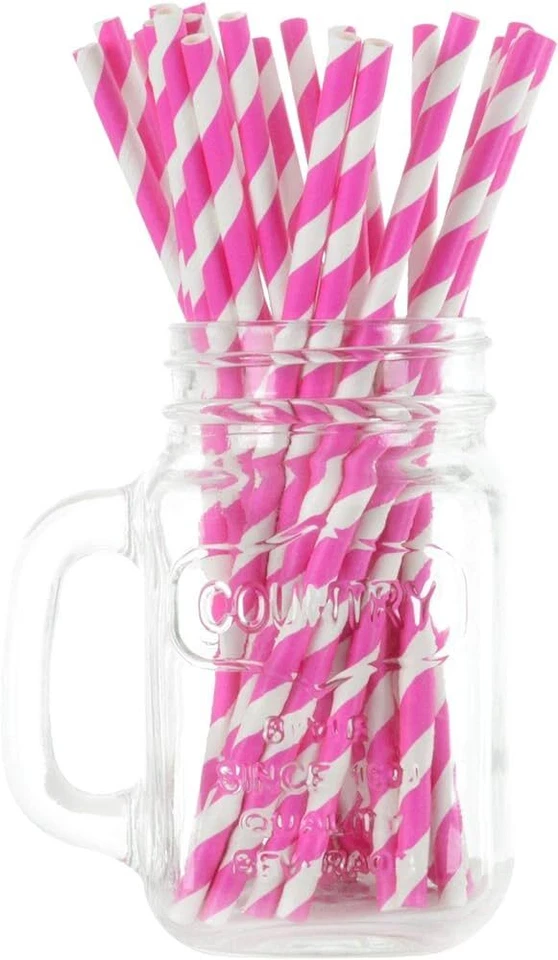 Bright Pink And White Striped Paper Straws 8" (20cm) Biodegradable Compostable