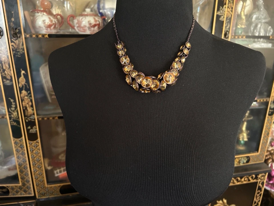 Fossil Brutalist Chunky Amber Rivoli Crystal Stone Collar Necklace Bronze - Image 2 of 4