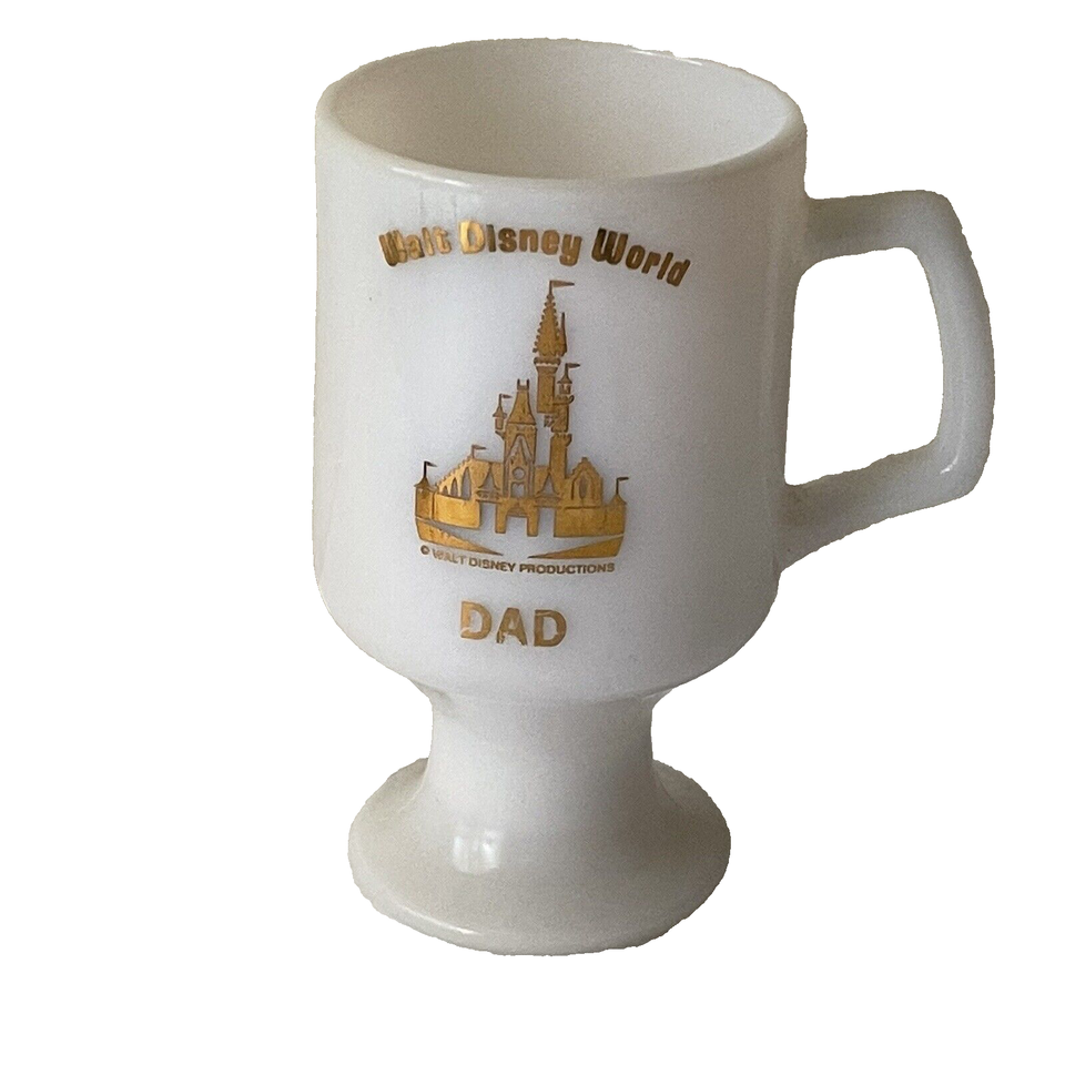 WALT DISNEY WORLD MUG DAD WHITE MILK GLASS PEDESTAL GOLD CASTLE DESIGN