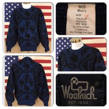 EXC COND VINTAGE WOOLRICH MENS MEDIUM WOOL BLUE BLACK CREWNECK SWEATER PULLOVER 