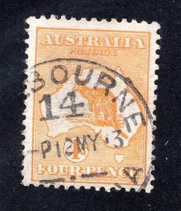 Australia 1913 4p orange Kangaroo, Scott 6 used, value = $40.00